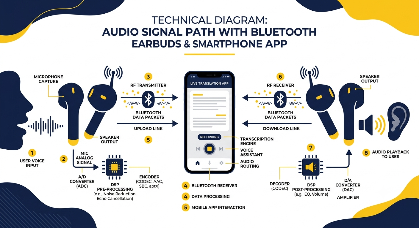 Diagram showing the Bluetooth signal path from Talky AI Buds microphone to smartphone app and back to the earbud speaker