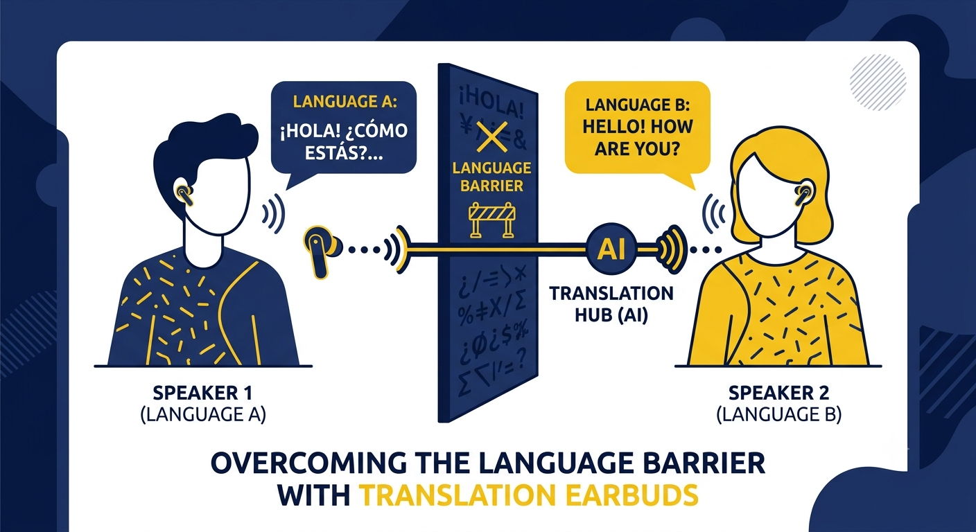 Illustration of two people communicating across a language barrier with Talky AI Buds facilitating real-time translation