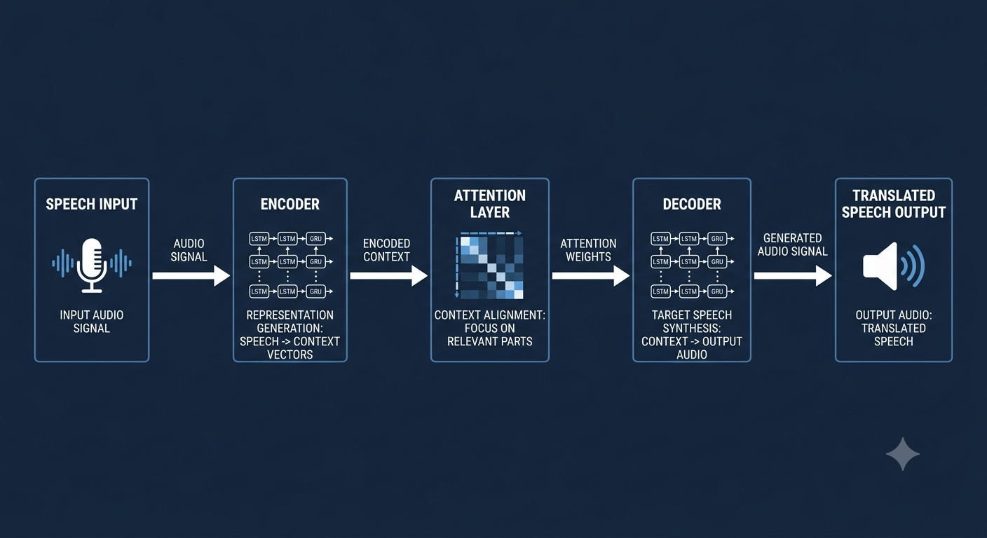 Diagram of a neural machine translation pipeline showing speech input, encoder, attention layer, decoder, and translated speech output for Talky AI Buds