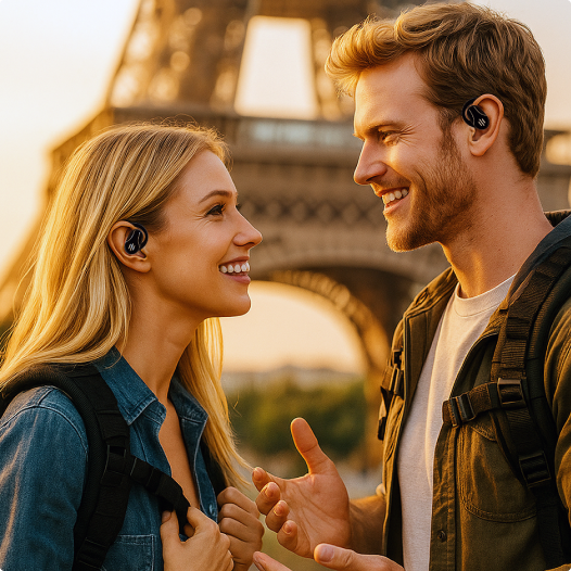 Diagram showing what Talky AI Buds is and how the earbuds pair with the companion translation app